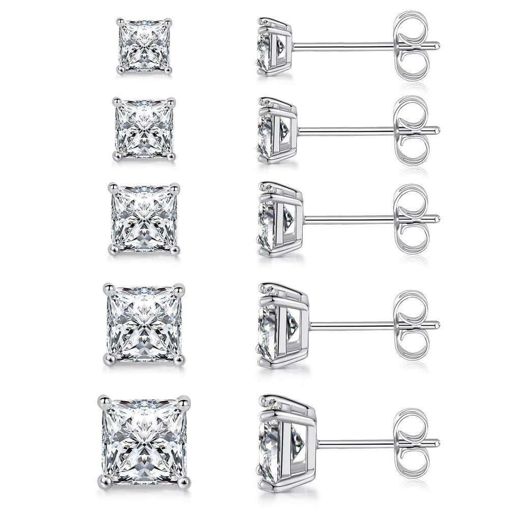 MDFUN Princess Cut Cubic Zirconia Stud Earrings for Women Men,5 Pairs