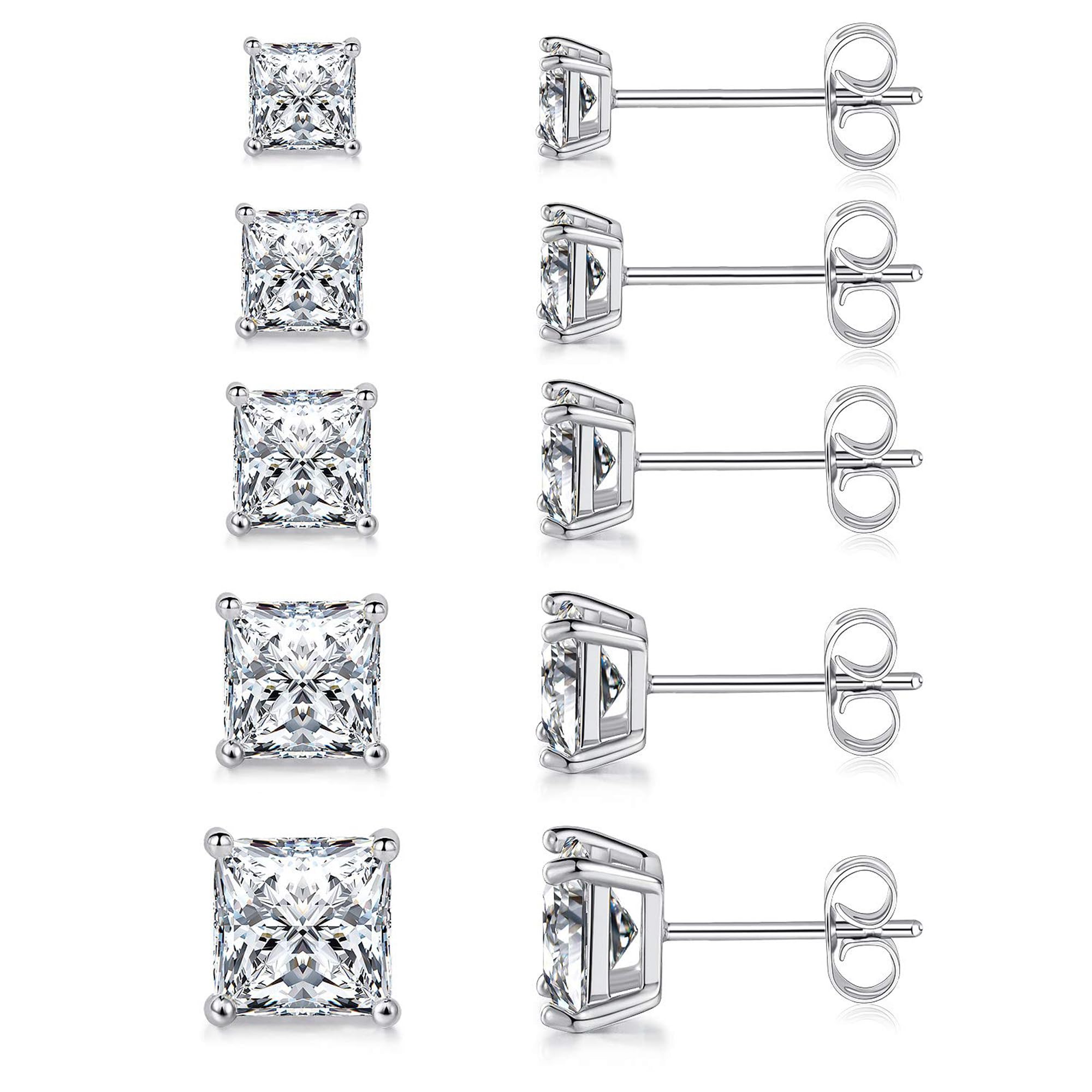 MDFUN Princess Cut Cubic Zirconia Stud Earrings for Women Men,5 Pairs