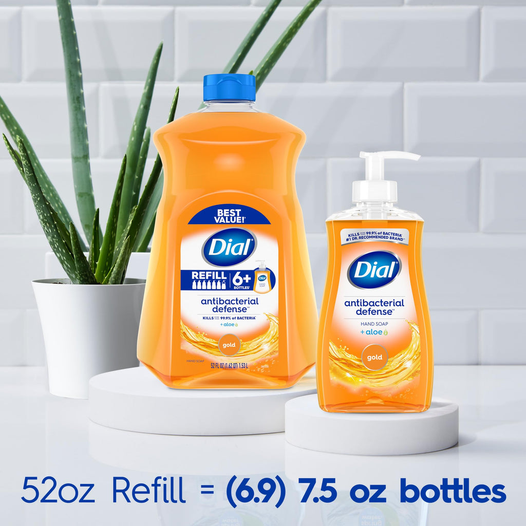 Dial Antibacterial Defense Liquid Hand Soap + Aloe, Gold Scent, 52 Fl Oz Hand Soap Refill (3 Count), Dermatologist-Tested, Gentle Formula