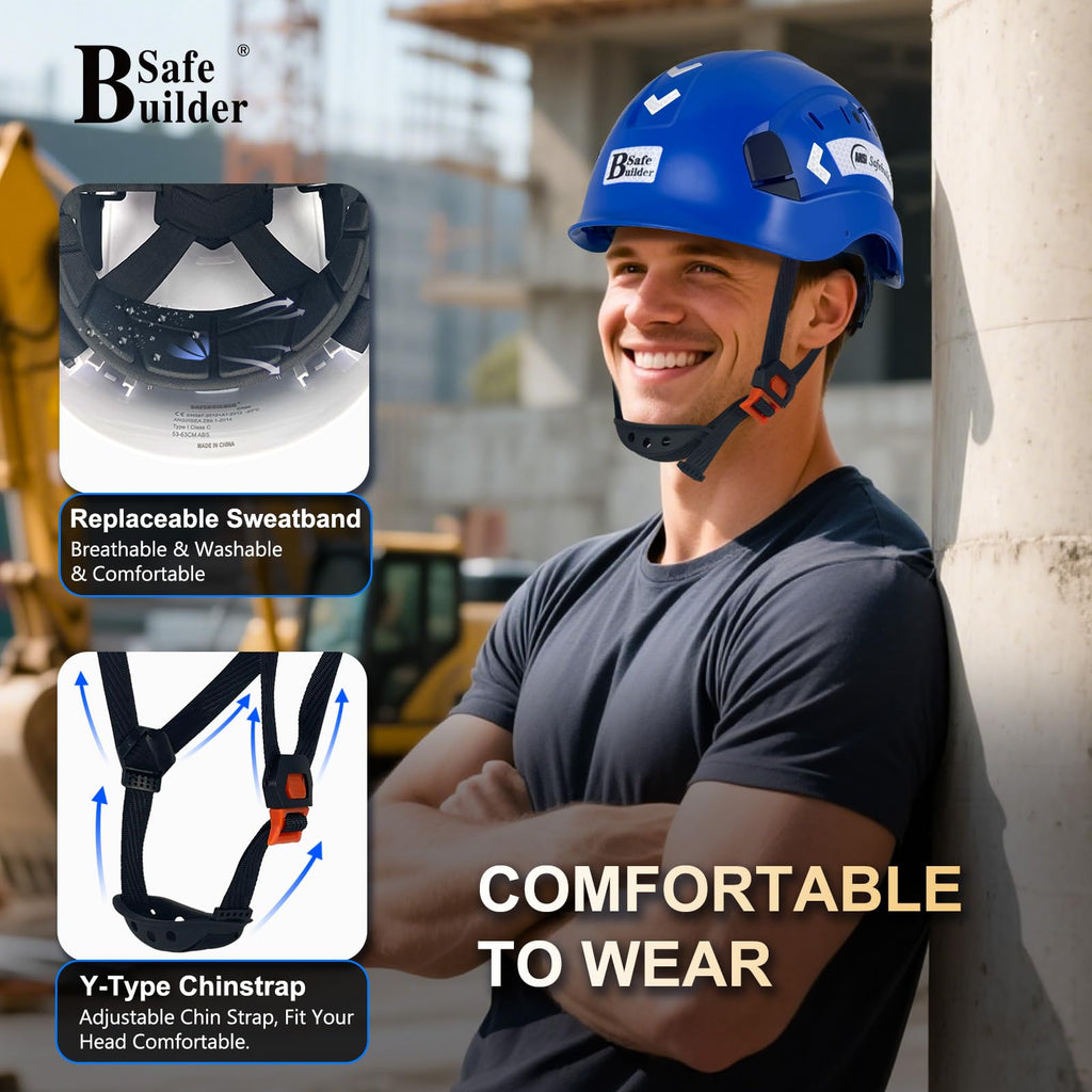 SAFEBUILDER ABS Work-at-Height and Rescue Hard Hat Slotted Ventilated Construction Safety Helmet w/Adjustable Ratchet 6-Point Suspension ANSI Z89.1-14 (Blue Safety Helmet)