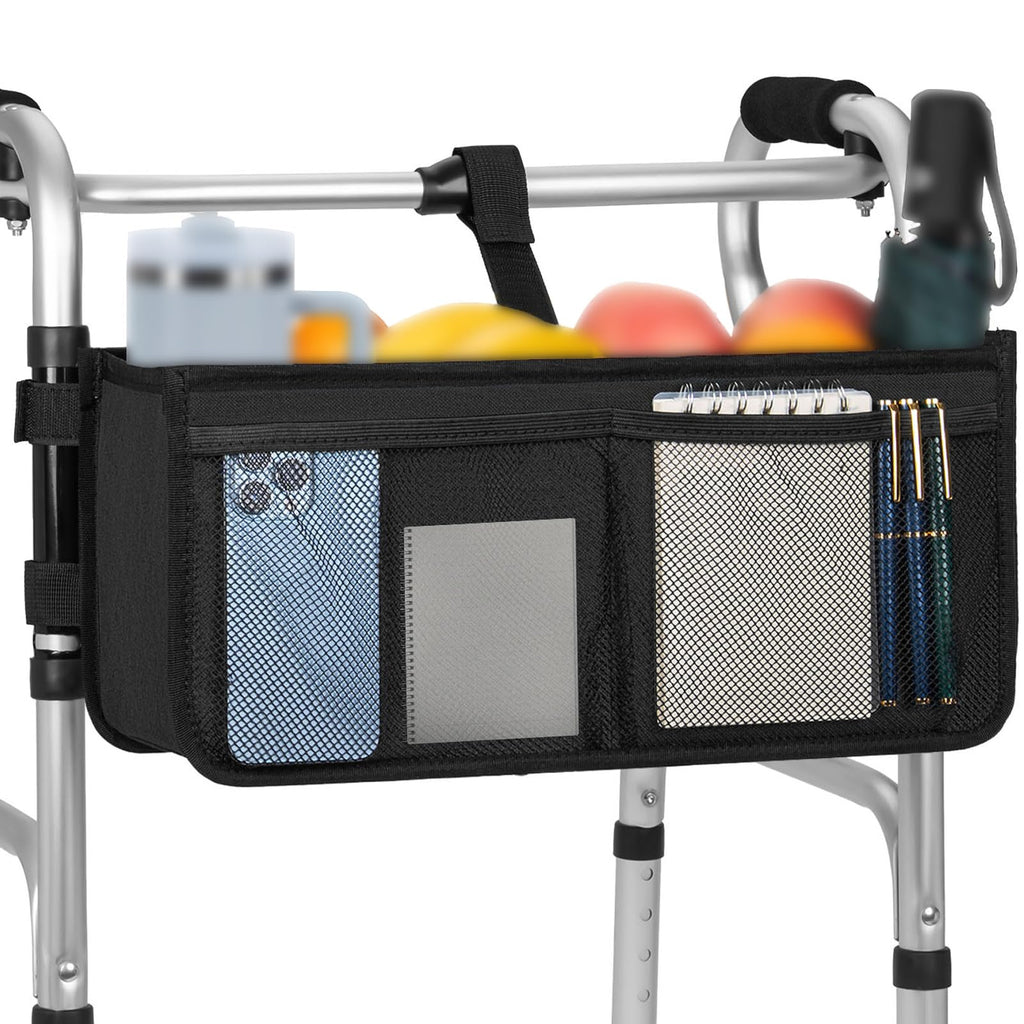 FREEAMG Walker Basket for Folding Walker, Large Capacity Foldable Walker Bag, Walker Storage Bag With Cup Holder, Detachable Walker Accessories Basket for Seniors (Black)