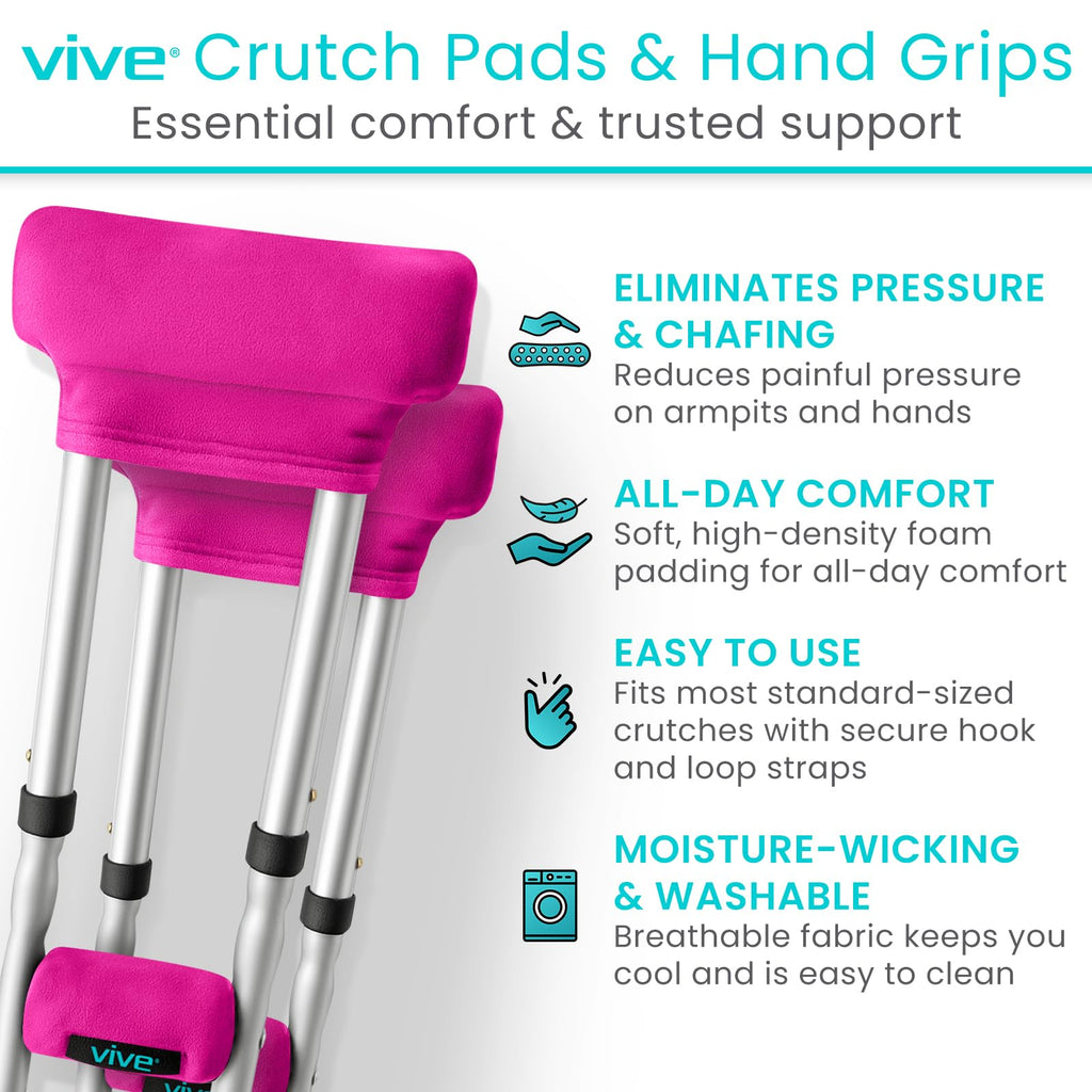 Vive Premium Crutch Pads & Hand Grips - Comfortable, Breathable, Machine Washable Padding - Moisture Wicking & Odor Reducing Pillow Accessory Covers for Adult & Youth Walking Crutches