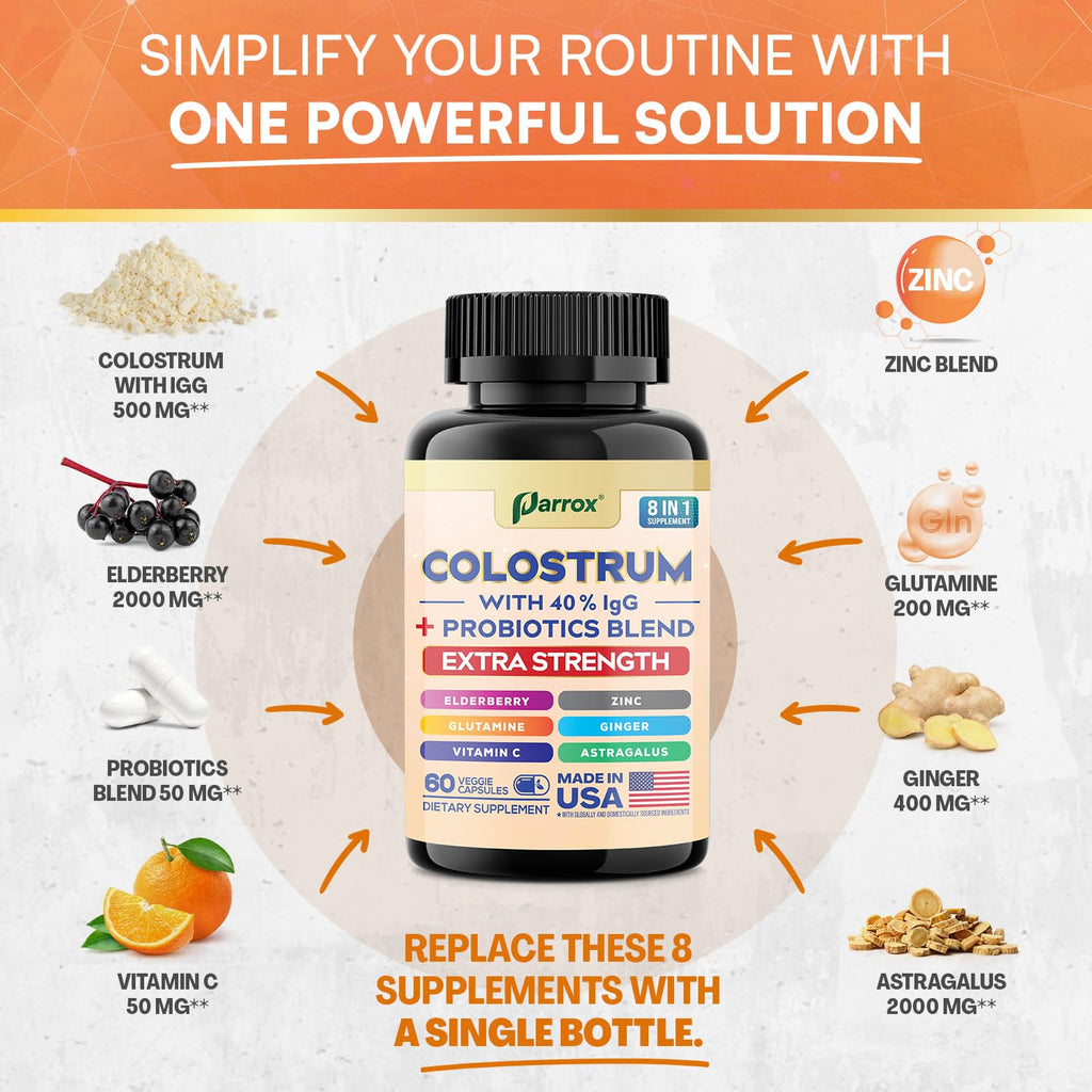 Colostrum Supplement Capsules, Grass Fed 40% IgG, 8-in-1, 180 Capsules