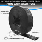 Poolvio Backwash Hose 1-1/2" x 50 ft, Heavy-Duty Lay-Flat Reinforced PVC Discharge Hose with 2 Stainless Steel Thumb Screw Clamps, Leak-Resistant for Inground & Above-Ground Pool Filters