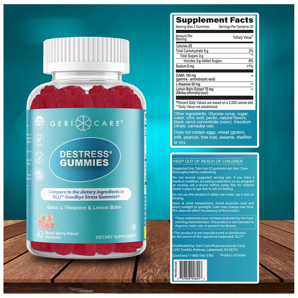 GeriCare DeStress Gummies with GABA, L-Theanine & Lemon Balm, Berry Flavor, 42 Count, Supports Relaxation & Mental Clarity, Non-GMO, Gluten-Free, Vegan (2 Pack)