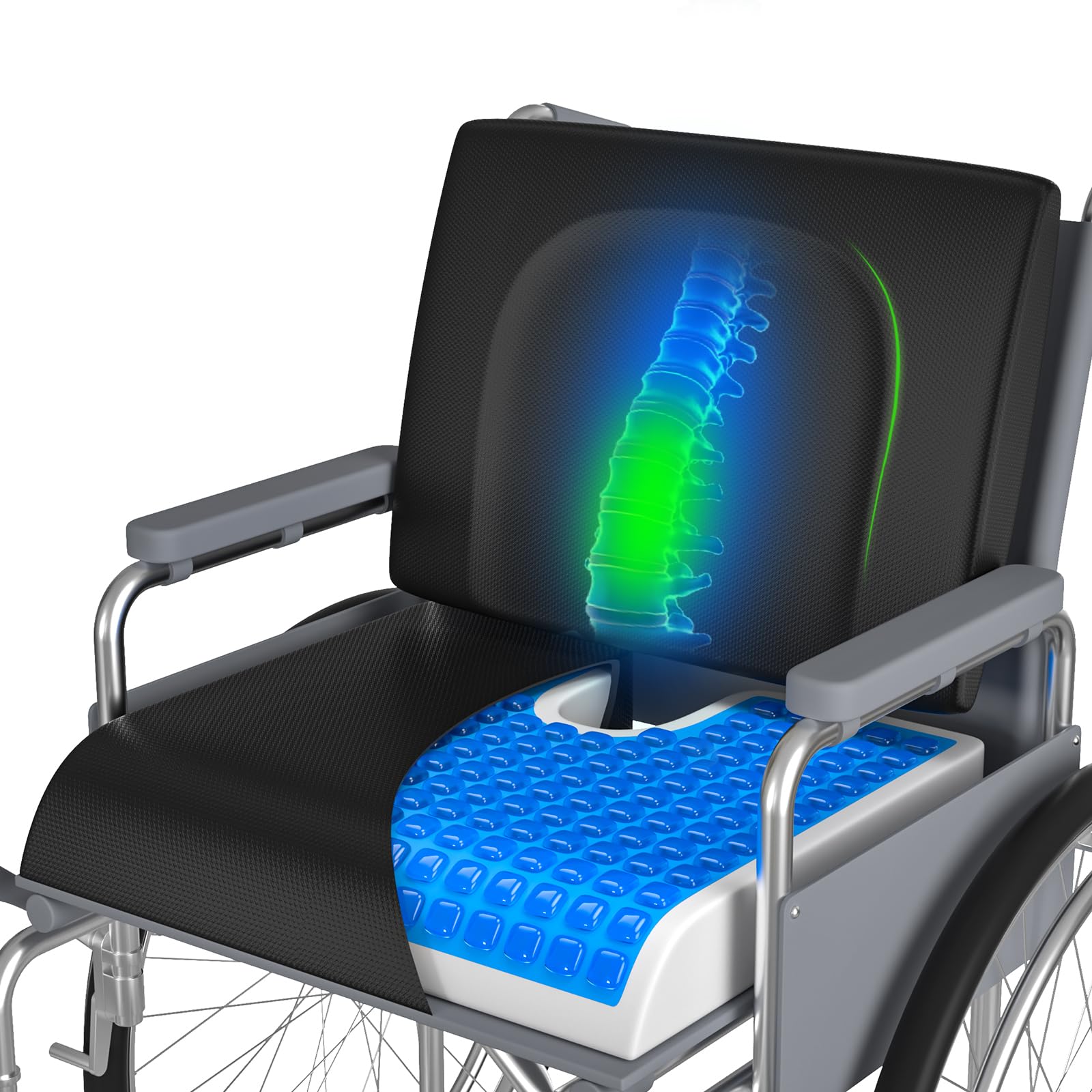Wheelchair Cushions, 18''x16''x 3'' Gel Wheelchair Seat Cushion with Lumbar Pillow, (2-Piece Set) for Relieve Sciatica, Back, Coccyx, Pressure Sore, Pressure Relief, with Anti-Slip Cover, Strap