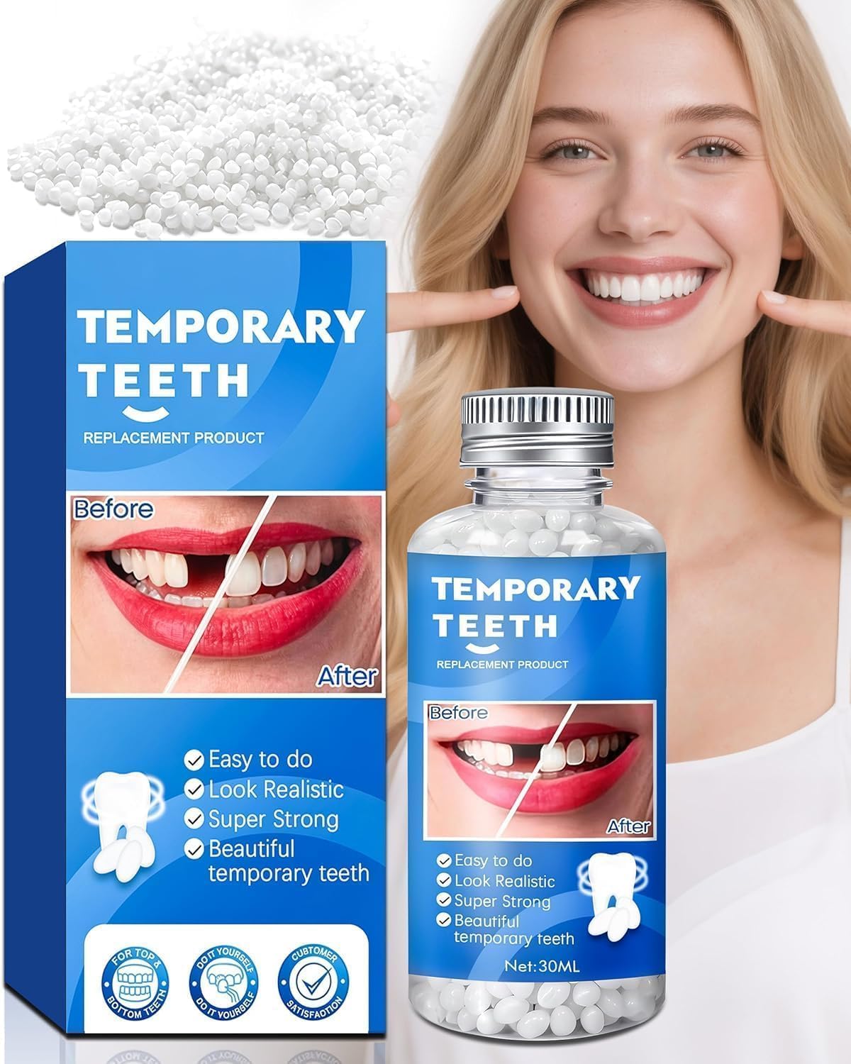 Tooth Repair Kit, Moldable False Teeth Beads for Teeth Repair, Suitable for Missing, Cracked DIY Denture Kit, 1Pack