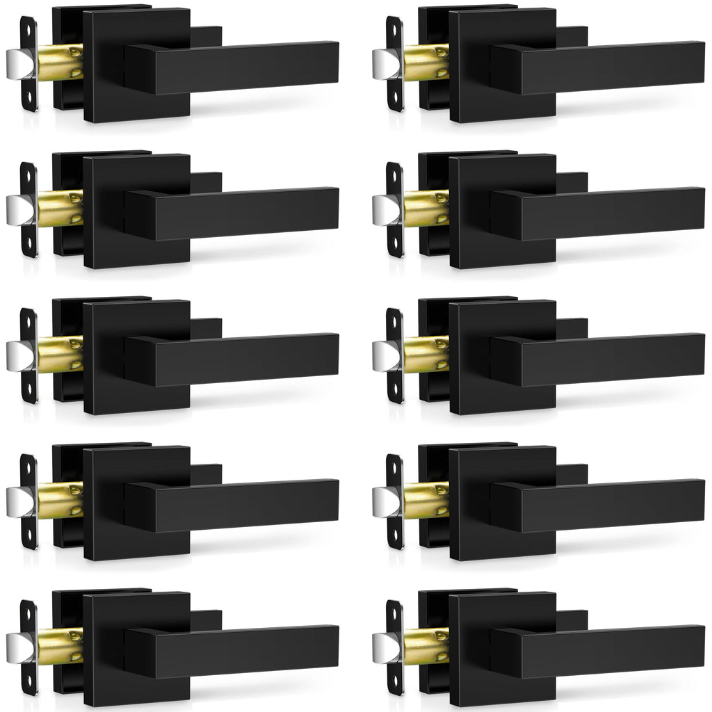 Plustool 10 Pack Matte Black Door Handles Interior, Passage Door Knobs Closet Door Levers for Hallway, Heavy Duty Square Doorknob Non-Locking Handlesets for Left & Right Sided Doors