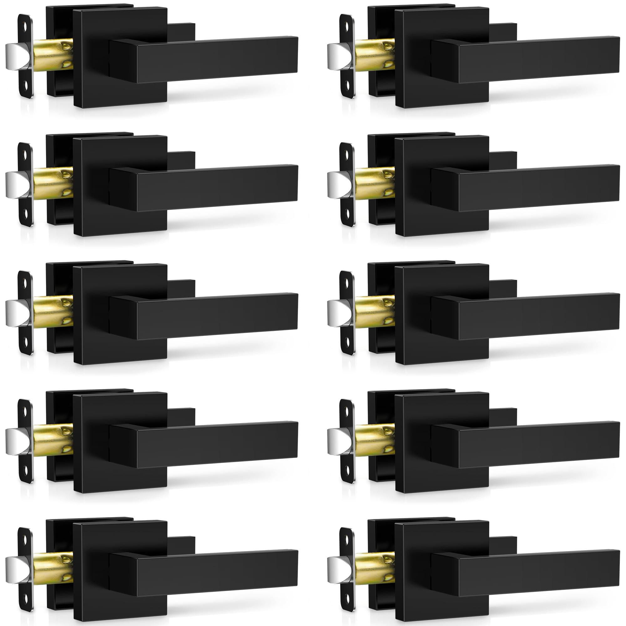 Plustool 10 Pack Matte Black Door Handles Interior, Passage Door Knobs Closet Door Levers for Hallway, Heavy Duty Square Doorknob Non-Locking Handlesets for Left & Right Sided Doors
