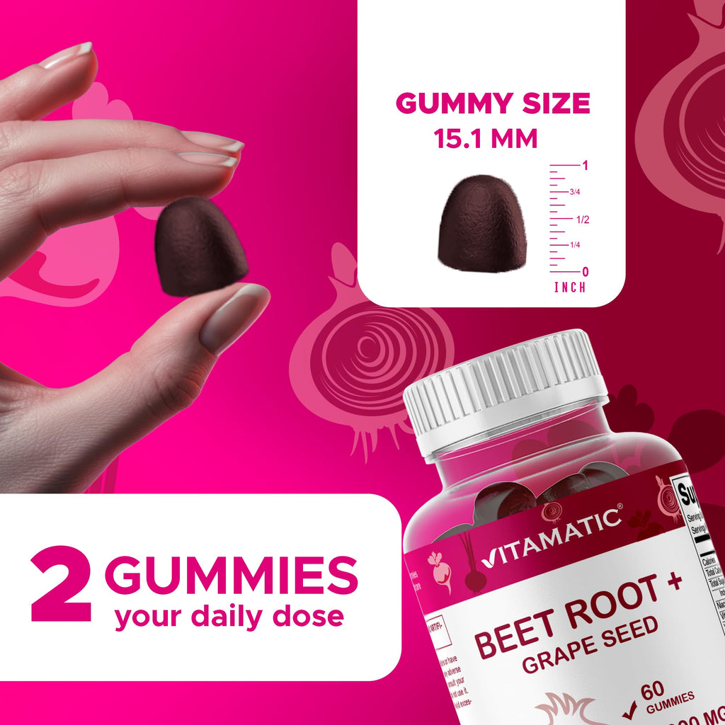 Vitamatic Beet Root Gummies - 3000mg Equivalent Per Serving - 60 Gummies - Made with Vitamin B6, B12, Grape Seed, Pomegranate & Nicotinamide (Pack of 2)