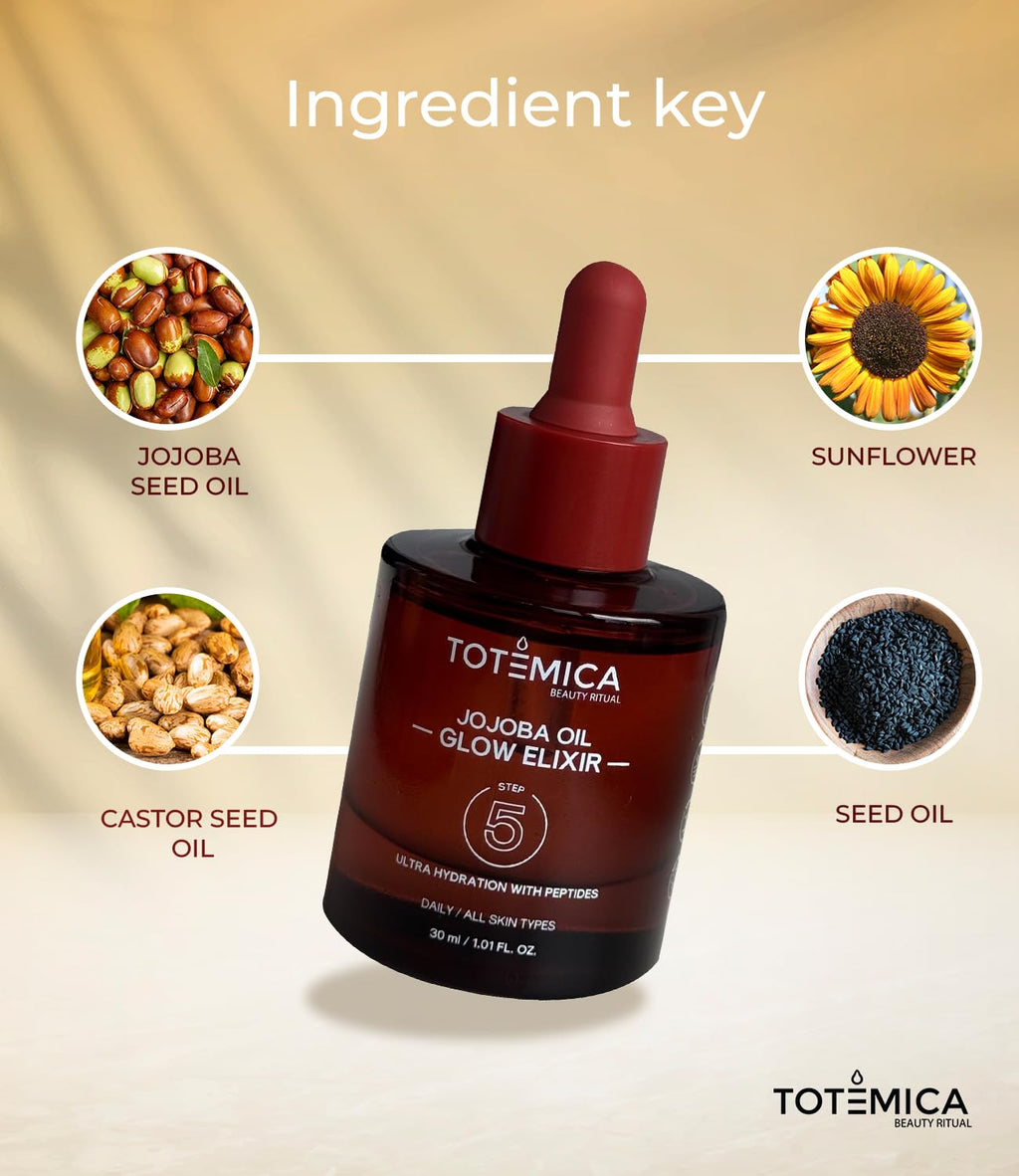 TOTEMICA Organic Jojoba Oil Glow Elixir – Hydrating & Anti-Aging face oil with Peptides | Vegan & Non-Comedogenic facial oil & moisturizing body oil for skin oil & hair oil (1.01 Fl Oz)