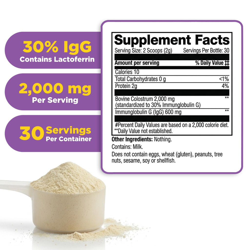 Lifeable Bovine Colostrum Powder, 2000mg, 30% IgG, Unflavored, 30 Servings