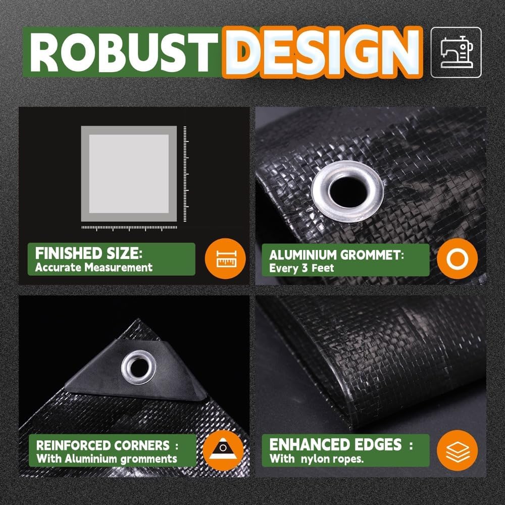 RAINDEWAY Extra Large Tarp 60x60, 8 Mil Thick, Black Tarps Heavy Duty Waterproof, UV Resistant, Cover with Metal Grommets and Reinforced Edges, Finished Size