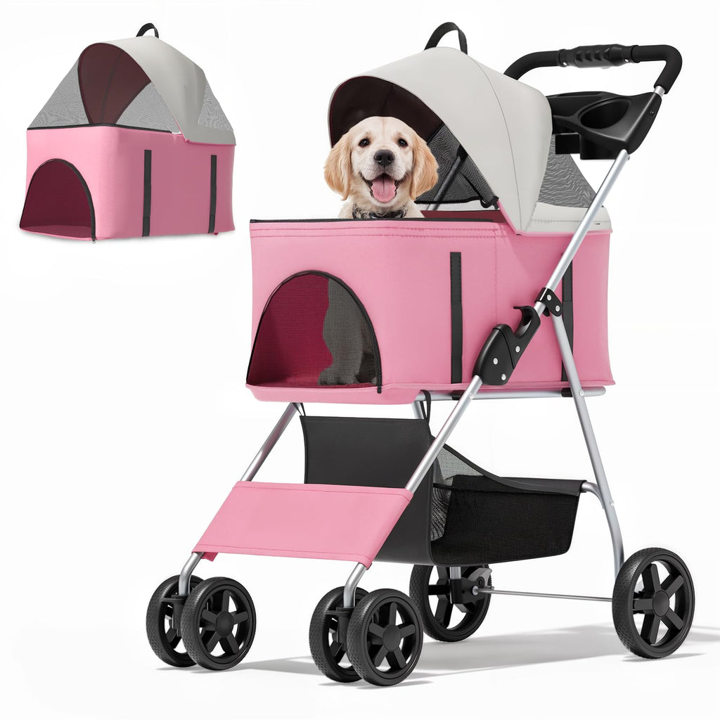 MoNiBloom 3 in 1 Foldable Pet Stroller for Small & Medium Dogs, Detachable Carrier, Car Seat, Push Button Entry, 4-Wheel Jogger for Pets up to 33 lbs, Pink