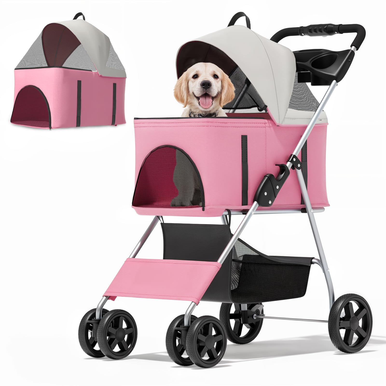 MoNiBloom 3 in 1 Foldable Pet Stroller for Small & Medium Dogs, Detachable Carrier, Car Seat, Push Button Entry, 4-Wheel Jogger for Pets up to 33 lbs, Pink