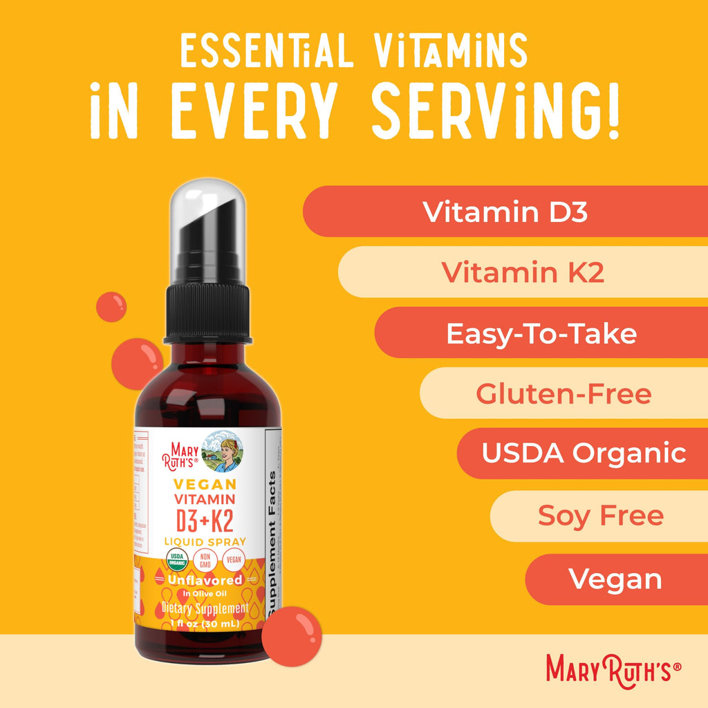 MaryRuth's Organic D3 + K2 Spray for Adults & Kids for Bone Health | Vitamin D3 as Cholecalciferol | Vitamin K2 | Immunity | Mineral Absorption | Heart Health | Vegan | Non-GMO | Gluten Free | 1 Fl Oz