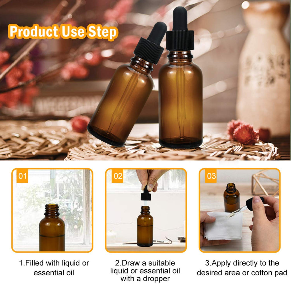 June Fox 99 Pack 1oz Amber Glass Dropper Bottles with Glass Droppers and Black Cap for Essential Oils, Lab Chemicals, Perfumes