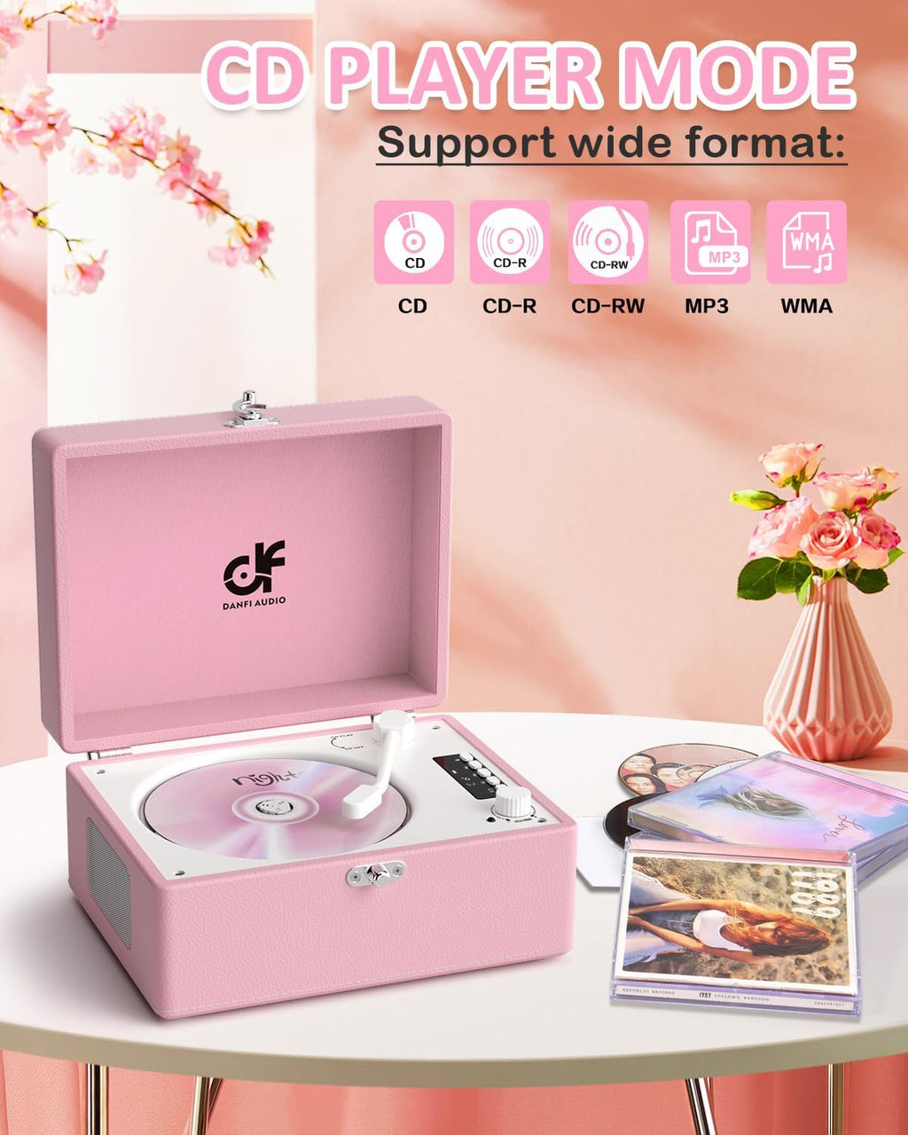 CD Player with Stereo Speakers, Wireless Bluetooth Input/Output Transmission, Rechargeable Battery, USB Retro CD Player Desktop for Home Party Decorations - Pink