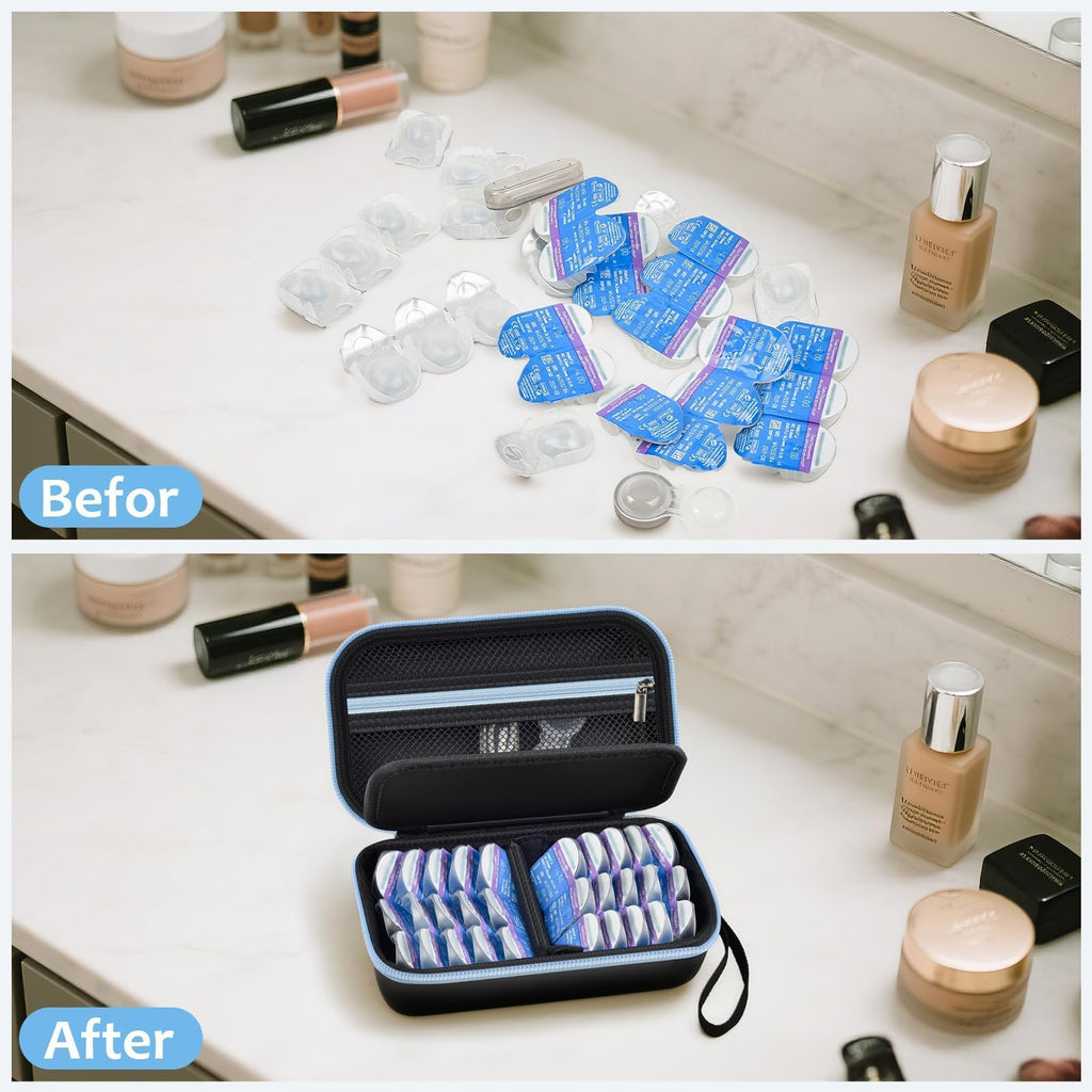Daily Contact Lens Case Fits 30+ Disposable Daily Lenses, Portable Contact Lens Storage Organizer with Mesh Pocket, Travel Contact Solution for All Brand Cosmetic Lens & Accessories -Black (Case Only)