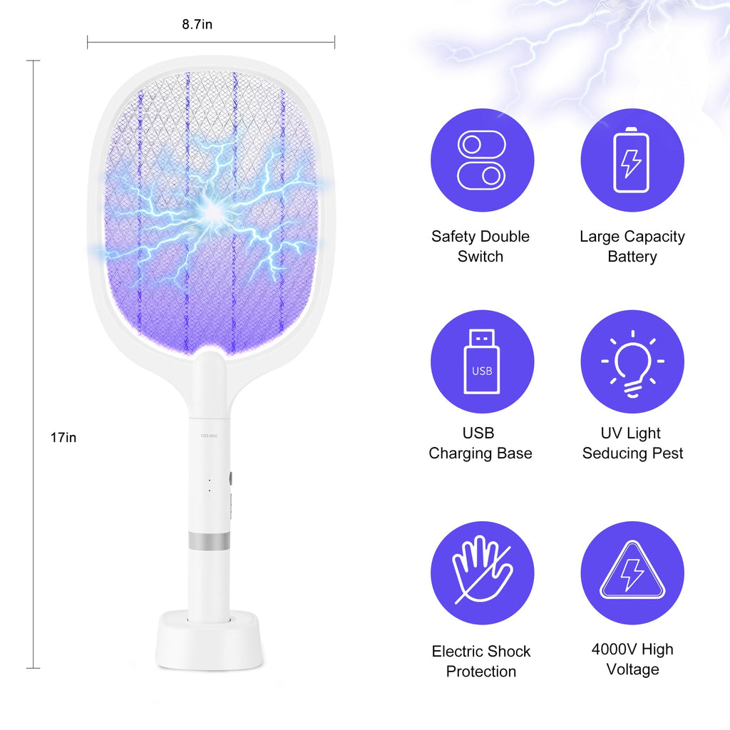 Electric Fly Swatter Racket, 4000V Bug Zapper Racket Rechargeable Fly Zapper Dual Modes Mosquito Swatter Portable with Purple Light & 3-Layer Safety Nets for Indoor & Outdoor, 1 Pack