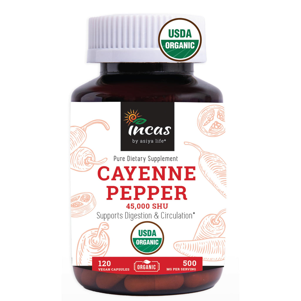 INCAS 100% USDA Organic Cayenne Pepper 120 Capsules (500mg) 45,000 SHU Traditional Digestion & Circulation Support Pure, No Additives & Fillers | 120 Servings