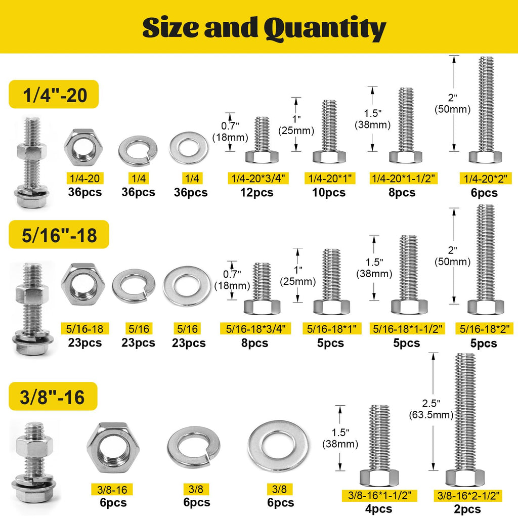 Fgruh 260PCS Hex Bolts and Nuts Assortment Kit,1/4-20, 5/16-18, 3/8-16 Hex Head Bolt Nut and Flat & Spring Washers Assorted,304 Stainless Steel, Fully Threaded