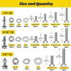 Fgruh 260PCS Hex Bolts and Nuts Assortment Kit,1/4-20, 5/16-18, 3/8-16 Hex Head Bolt Nut and Flat & Spring Washers Assorted,304 Stainless Steel, Fully Threaded