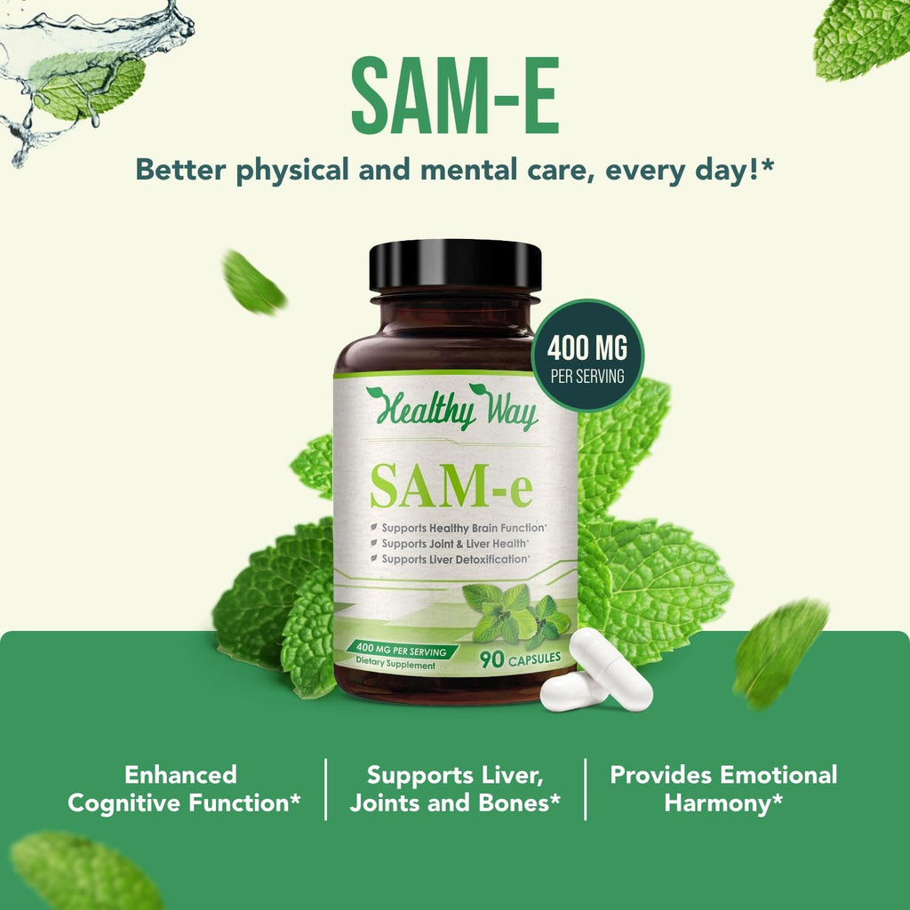HealthyWayRx SAM-e 400mg Capsules - Easy Absorption SAM e Supplement 400mg from S-Adenosyl-Methionine for Brain Liver and Mood Support - Non-GMO Gluten Free & Made in cGMP Facility (90 Servings)