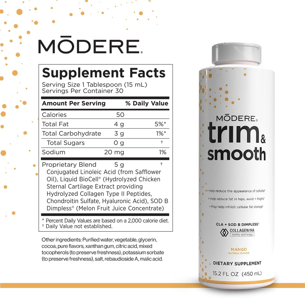 Modere - Trim & Smooth Mango - Supports Cellulite Appearance, Body Composition with CLA, SOD B Dimpless, Collagen/HA Matrix. Bottle - 450 ml