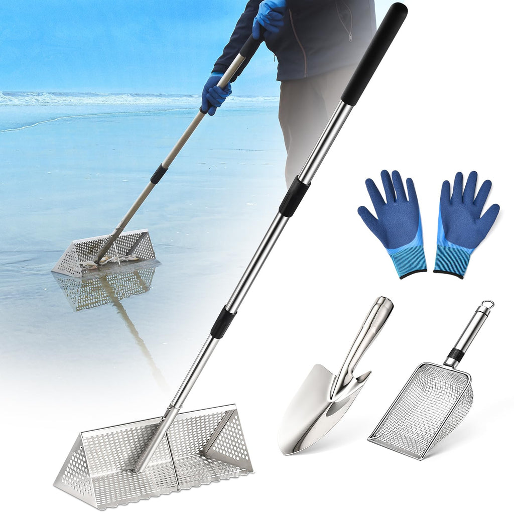 Sand Flea Rake, Long Handle Sand Sifter for The Beach, Stainless Steel Shark Tooth Sifter Comes with A 16-Inch Wide Mesh Screen for Collecting Fleas, Shark Teeth, and Seashells