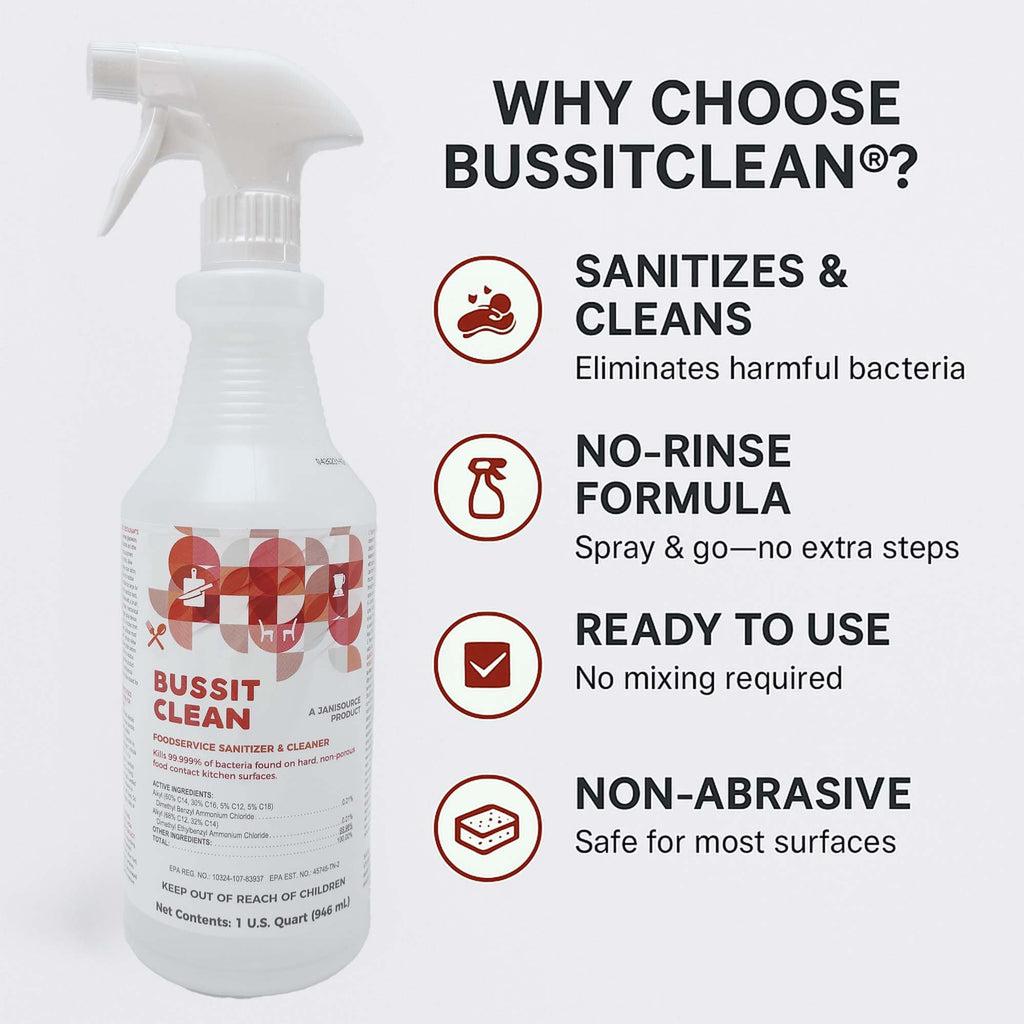 Jani-Source Bussit Clean Food Surface Sanitizer & Cleaner, Kills 99.9% of Kitchen Bacteria, 1 Quart (3 Pack)