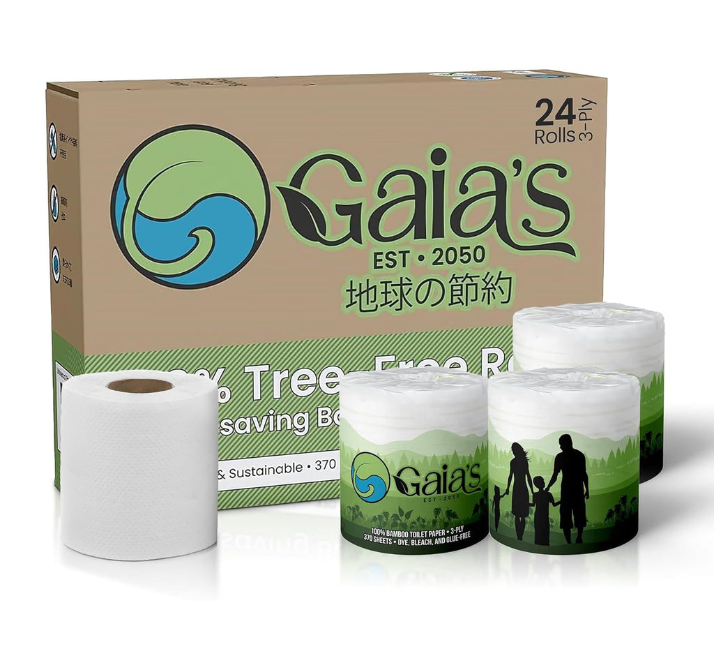 Gaias Premium and Soft Organic Bamboo Toilet Paper | 24 Mega Rolls, 3 Ply, 370 Sheets | FSC Certified, PFAS & BPA Free, Eco-Friendly, Sustainable Tissue - Plastic Free, Septic Safe, Vegan