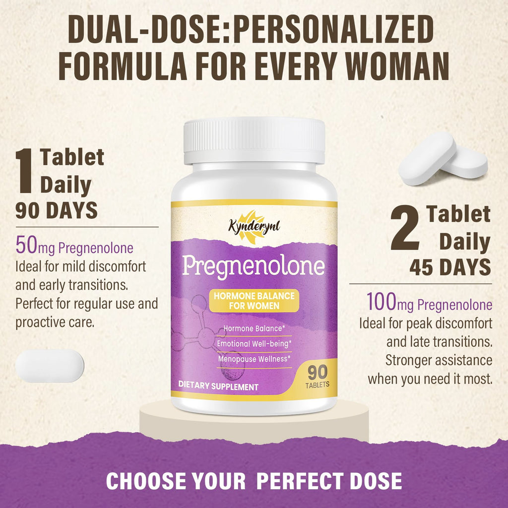 Kynderynl Pregnenolone with Ashwagandha for Women, Pregnenolone 100mg (2 Tablets) or 50mg (1 Tablet) Dose, 8-in-1 Formula with DHEA, Black Cohosh, Dual-Dosing, Vegan, Gluten Free, 90 Chewable Tablets