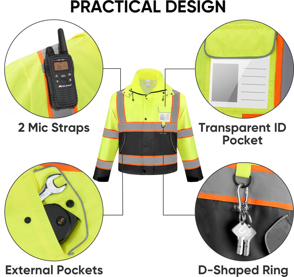 TICONN Reflective Rain Jacket Safety Jacket, Waterproof Hi Vis Rain Coat, Class III High Visibility Coat (Yellow&Black, L)