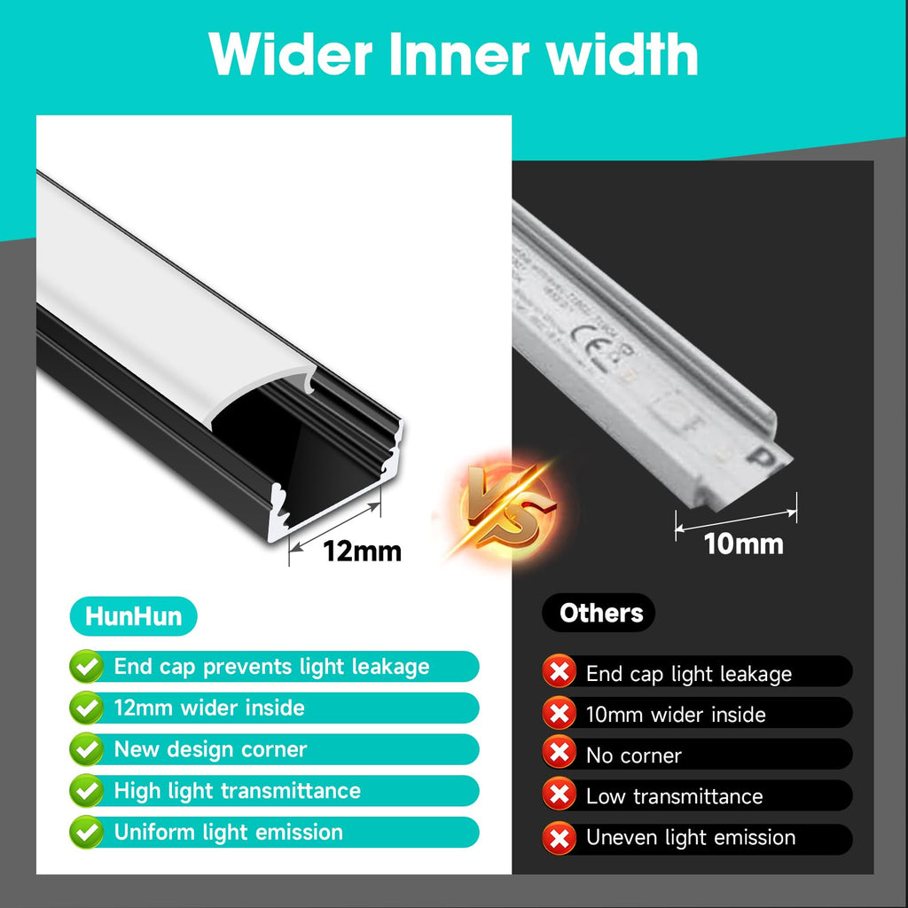 hunhun 10-Pack 6.6ft/2Meter U Shape Black LED Aluminum Channel System with Milky Cover, End Caps and Mounting Clips, Aluminum Channel Profile for LED Strip Light Diffuser Installations (10pack*6.6ft)