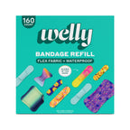 Welly Bandage Large Refill Pack | Adhesive Flexible Fabric, Glow-in-the-Dark & Waterproof Bandages | Assorted Shapes and Patterns for Minor Cuts, Scrapes, and Wounds - 160 Count