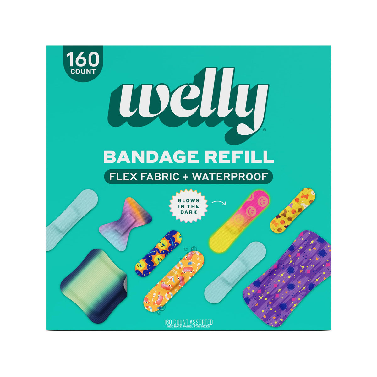 Welly Bandage Large Refill Pack | Adhesive Flexible Fabric, Glow-in-the-Dark & Waterproof Bandages | Assorted Shapes and Patterns for Minor Cuts, Scrapes, and Wounds - 160 Count