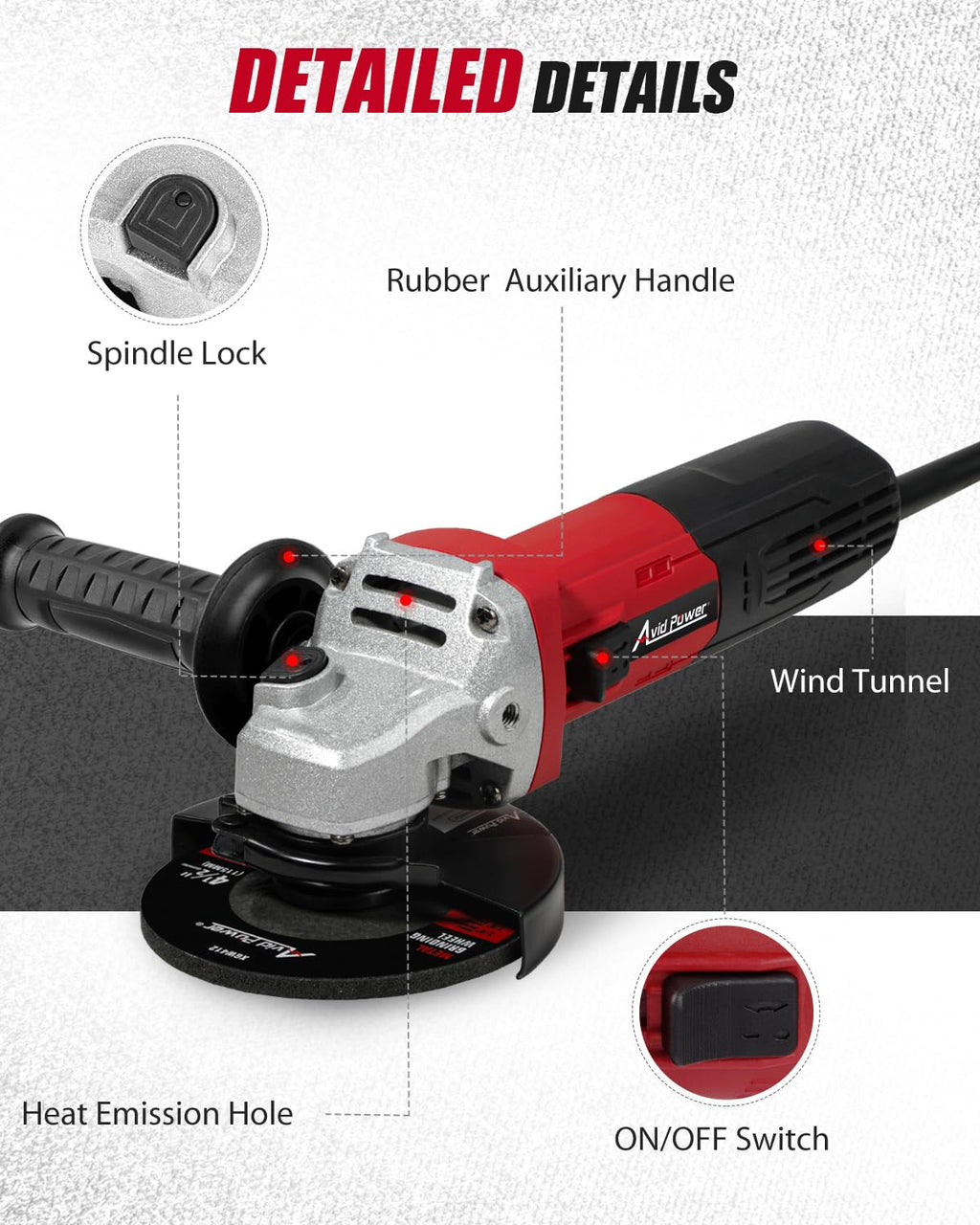 AVID POWER Angle Grinder 7.5-Amp 4-1/2 inch Electric Grinder Power Tools with Grinding Wheels, Cutting Wheels, Flap Disc and Auxiliary Handle for Cutting, Grinding, Polishing & Rust Removal - Dark Red