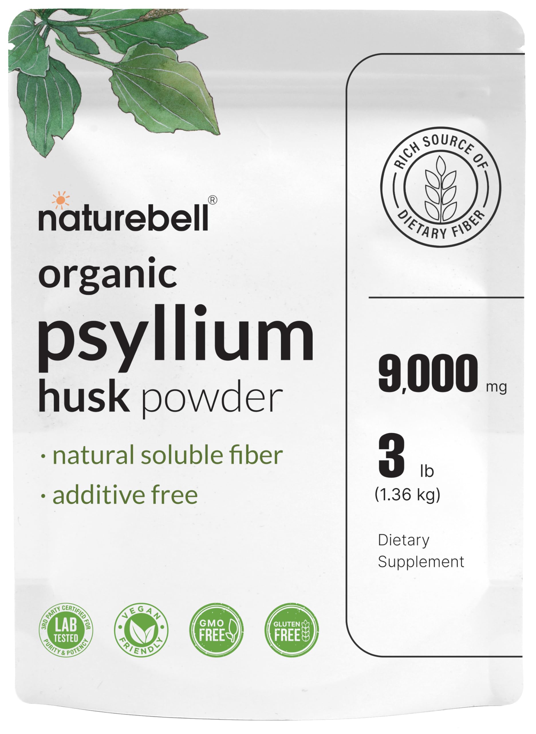 NatureBell Psyllium Husk Fiber Supplement, 9,000mg Per Serving, 3lb (48oz) Powder | Organic Soluble Fiber for Digestive & Gut Health | Plant-Based, Unflavored, Non-GMO, Gluten-Free