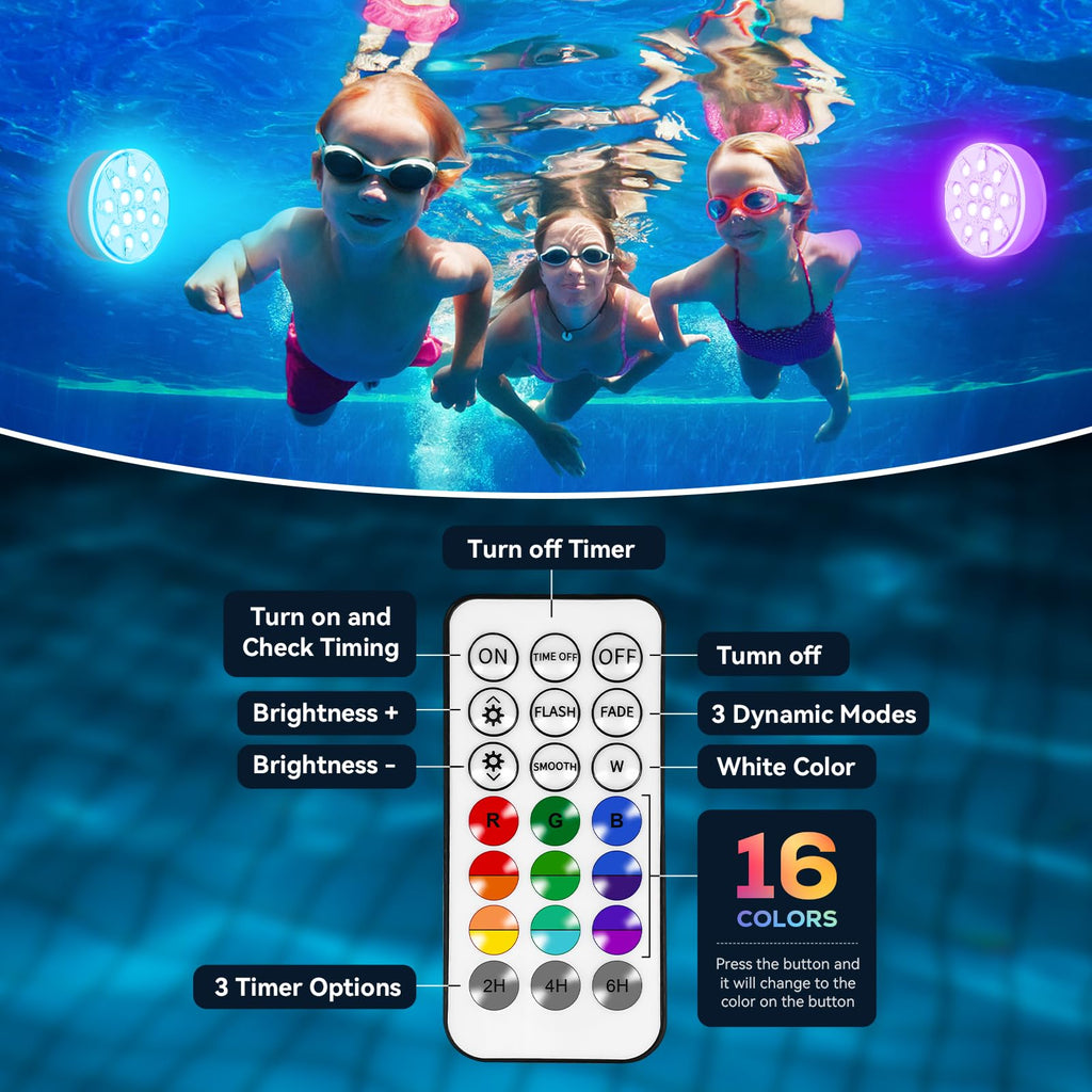VICHTOP Pool Lights - 2 Pack, Rechargeable Submersible LED Pool Lights with Remote, IP68 Waterproof Pool Decor Light for Inground Pools, Above Ground Pools, Parties, Hot Tubs, Vase Bases