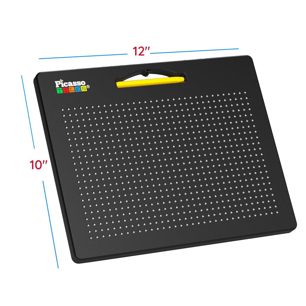 PicassoTiles 2-in-1 Magnetic Drawing Board Toy 12x10 inch Large Magnet Bead Tablet Pad with 2 Facings Alphabet STEM Free Style Educational Erasable & Reusable Learning Writing Playboard in Black PTB04