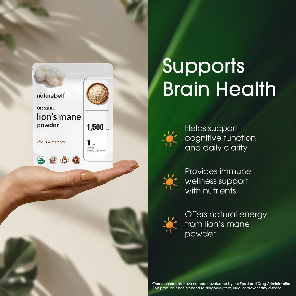 NatureBell Organic Lion’s Mane Powder 1,500mg - 1 lb - Brain, Focus & Memory Support* - Whole Fruiting Body & Mycelium - Non-GMO & Gluten-Free