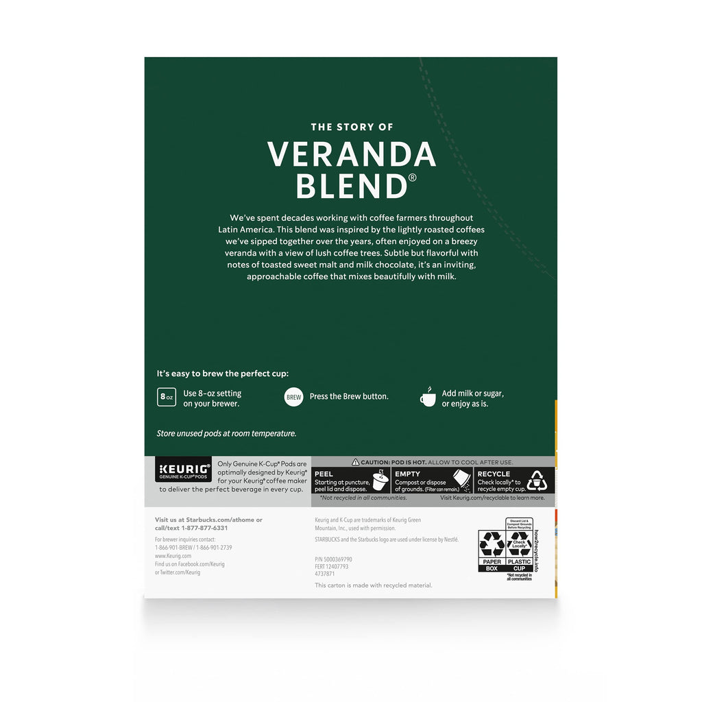 Starbucks K-Cup Coffee Pods, Starbucks Blonde Roast Hot or Iced Coffee, Veranda Blend, 60 Keurig Pods