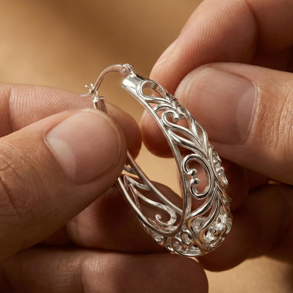 LeCalla Sterling Silver Earring Hoops for Women | Filigree Earrings | 925 Silver Hoop Earrings | Women's Filigree Hoop Earrings | 925 Silver Italian Hoops Earring | Medium Oval Hoop for Women - 32mm