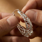 LeCalla Sterling Silver Earring Hoops for Women | Filigree Earrings | 925 Silver Hoop Earrings | Women's Filigree Hoop Earrings | 925 Silver Italian Hoops Earring | Medium Oval Hoop for Women - 32mm