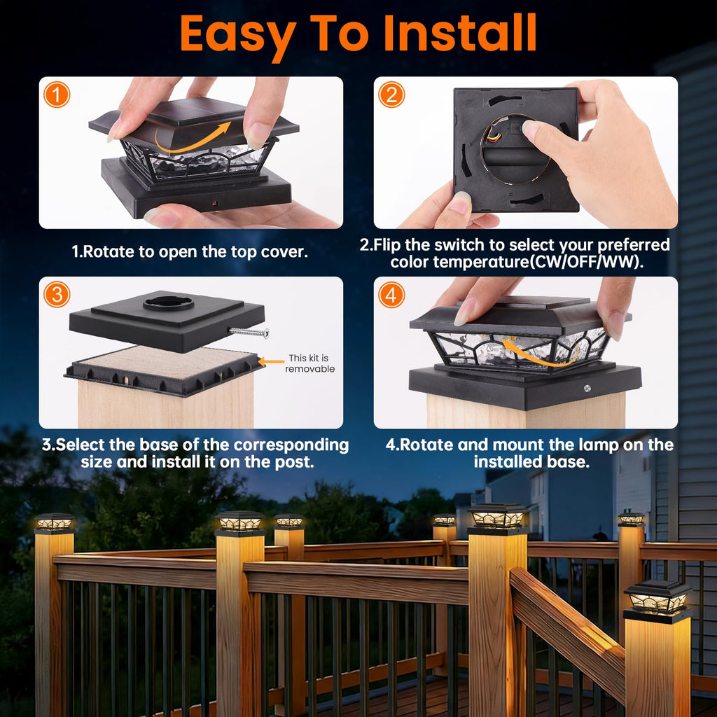 Brightever 4x4 3.5x3.5 Solar Post Cap Lights, 8-Pack Solar Powered Fence Post Light Outdoor Waterproof for Vinyl/Wooden Post, 2 Modes(Warm/Cool Light), Black Solar Deck Post Lights for Patio, Porch