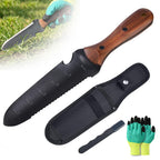 Griactrl Hori Hori Garden Knife with Measuring Scale, Heat-Treated Stainless Steel Blade, Ergonomic Wood Handle, Gardening Knife with Polyester Sheath for Weeding, Planting, Digging