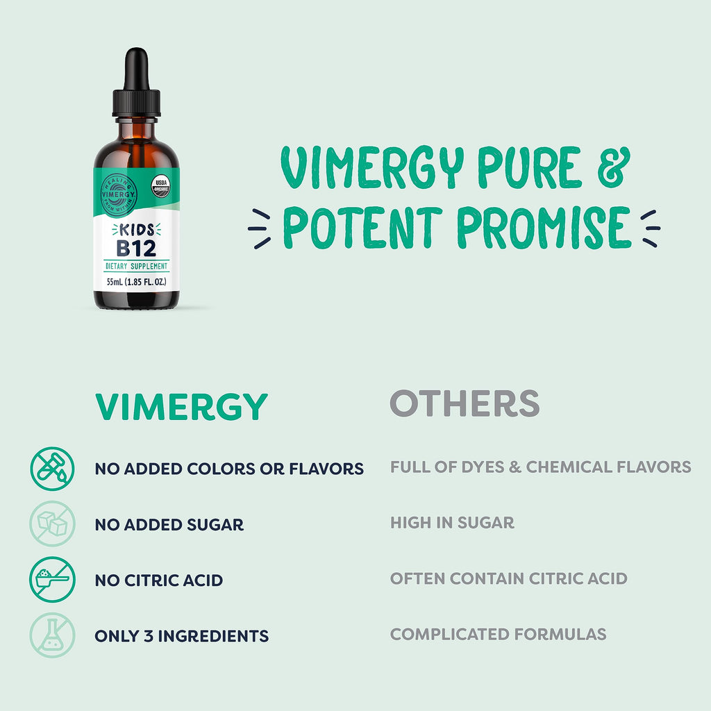 Vimergy Kids USDA Organic Liquid B12 – Promotes Physical Development & Cognitive Function* – Fast-Absorbing Immune Support* – Vegan, Non-GMO – 55 mL