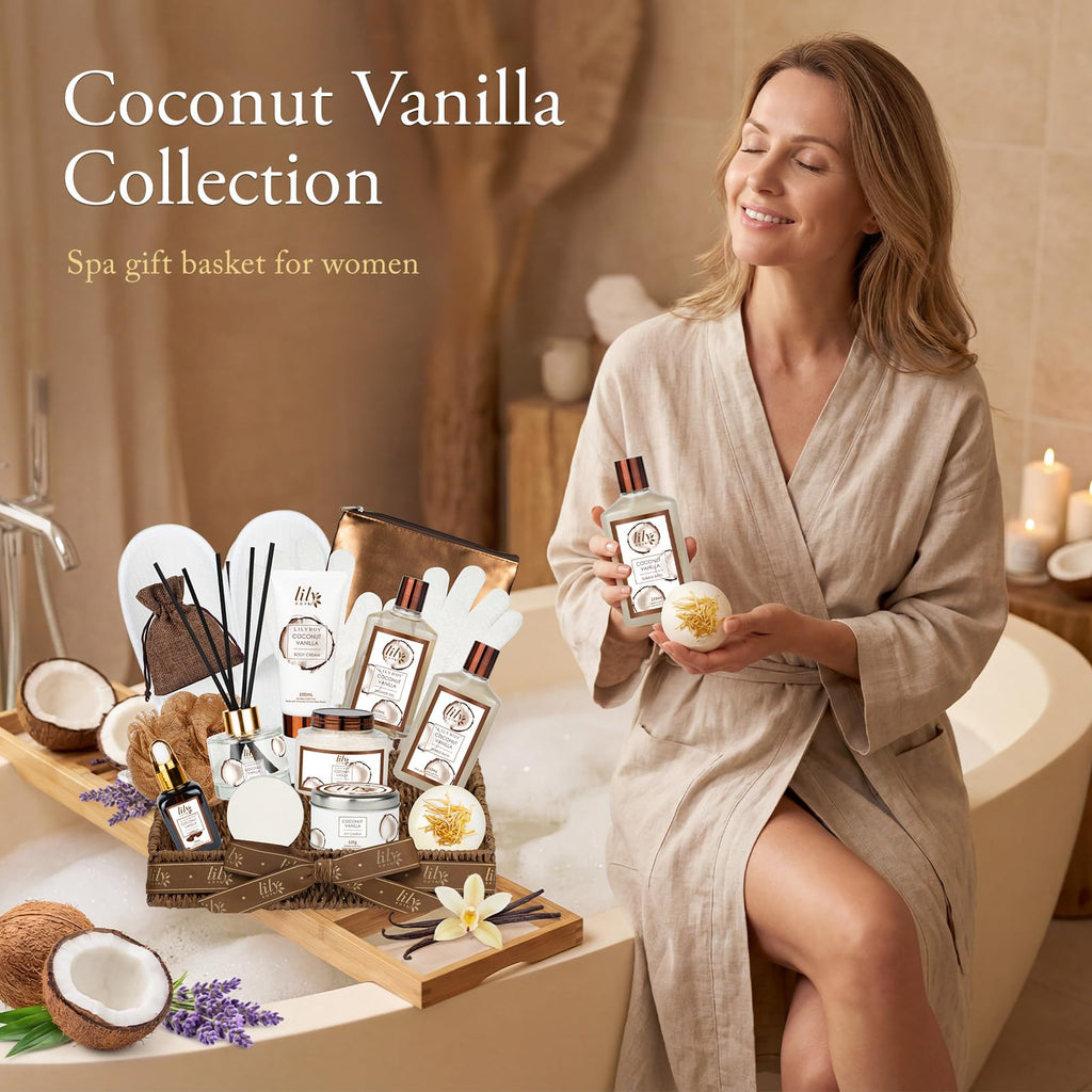 Coconut Vanilla Spa Gift Set, Complete Spa Gift Baskets for Women & Men