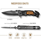 NedFoss Pocket Folding Knife Gift for Men DA75, 3 in 1 Pocket Knife for Men, 3.9” Serrated Blade, Survival Knife with Liner-Lock Belt Clip, Seat Belt Cutter, Glass Breaker, Tacical Gear, Hunting knife for Camping Hiking Outdoor
